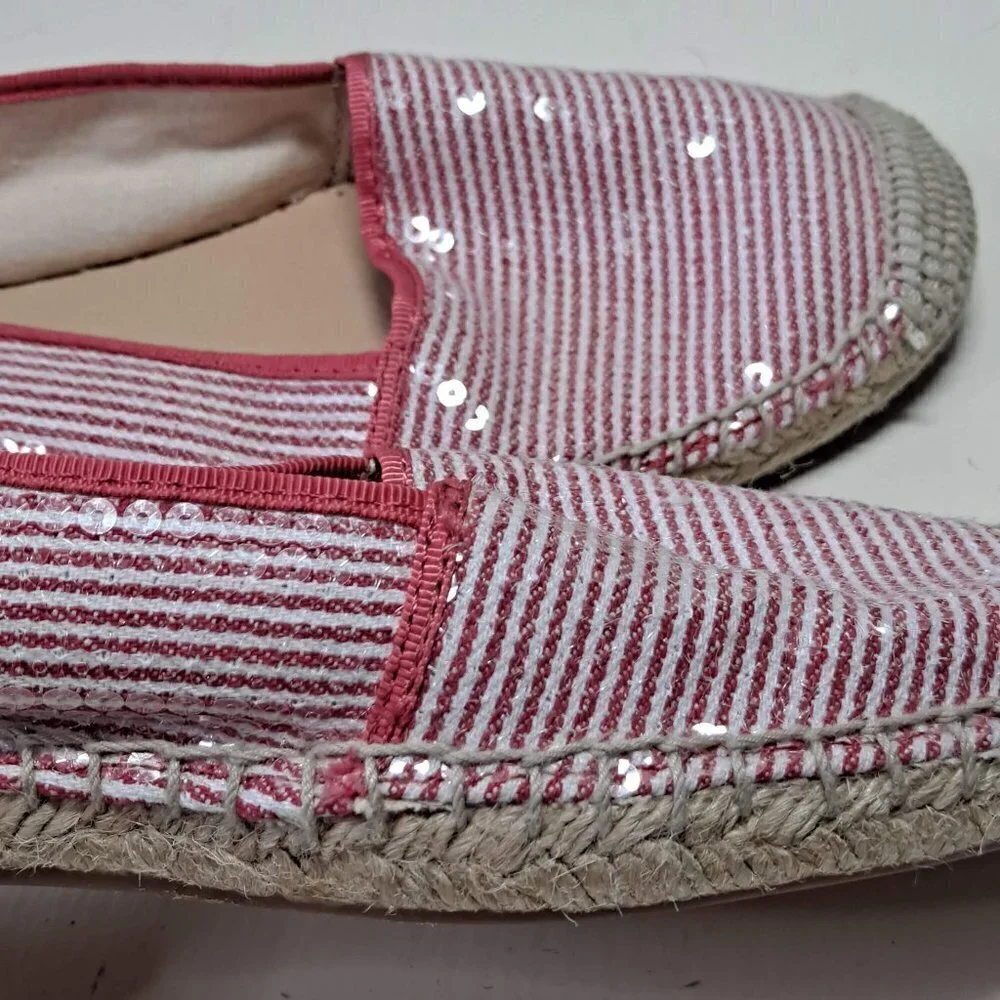 Franco Sarto Size 8.5 A-Whip Pink and White Striped Espadrilles Sequins Jute